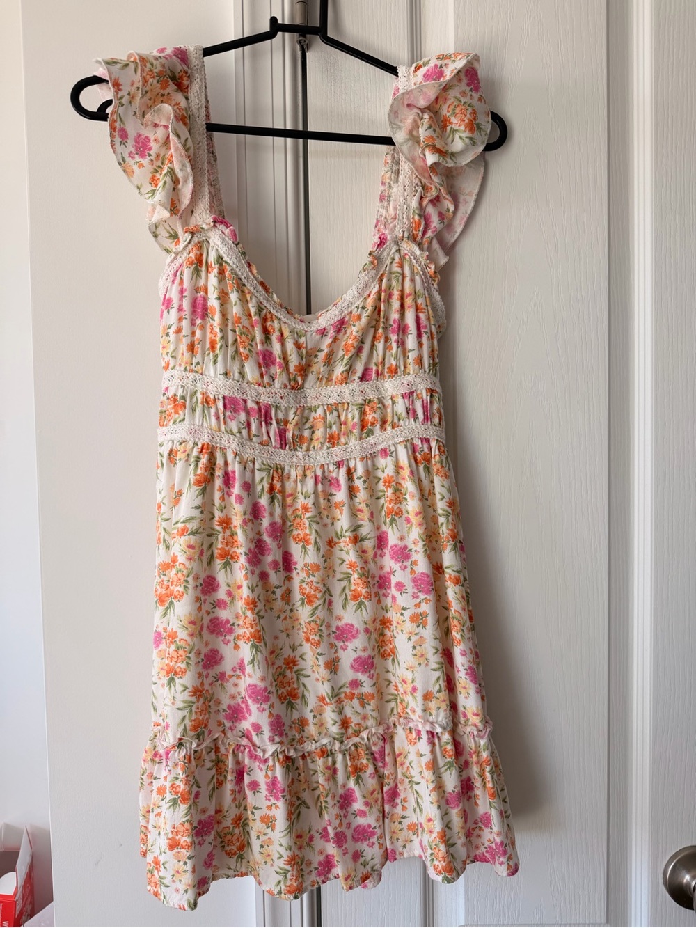 Altar'd State Cream Dress with Pink & Orange Floral Ruffles